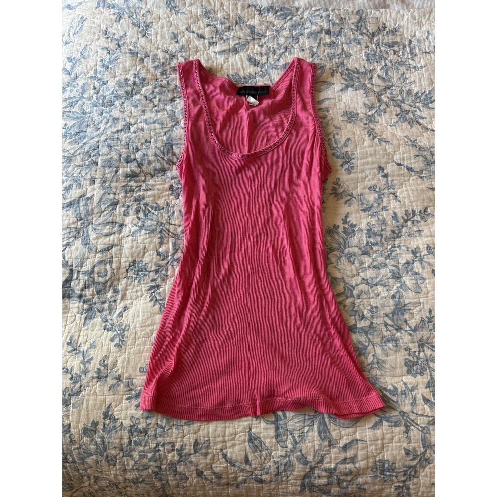 Vintage, 2000s Hot Pink Ribbed Camisole with Pink Rhinestone Neckline, sz large - Picture 2 of 6